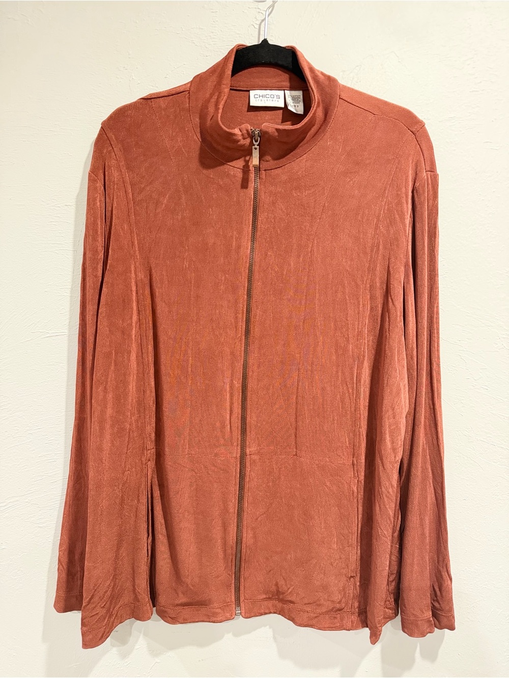 Chico’s Travelers Size 3 Rust Orange Zip Front Jacket Cardigan Stretch